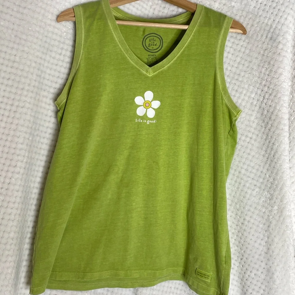Life Is Good Women's Lime Green V-Neck Tank with Daisy Graphic - Picture 1 of 5